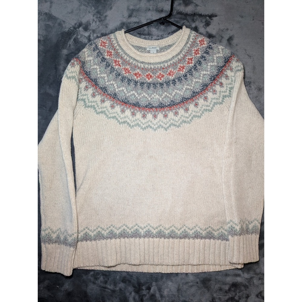 L.L.Bean Heritage Fair Isle Sweater Lambswool Womens Sz S Cream Nordic Pullover